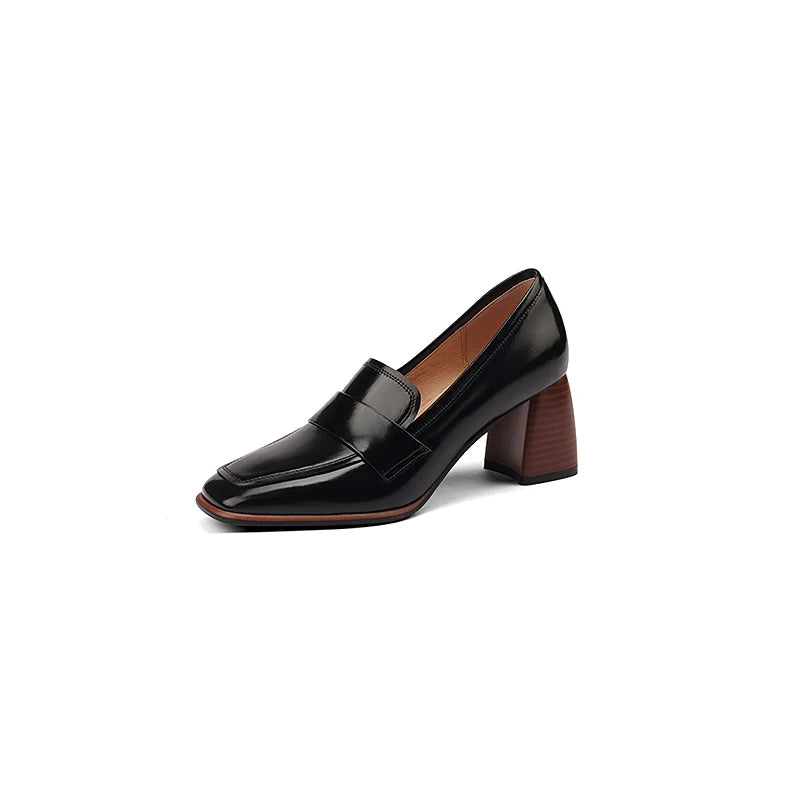 The Square Toe Leather Block Heel Pump