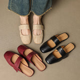 Women’s Leather Square Toe Chunky Heel Mules