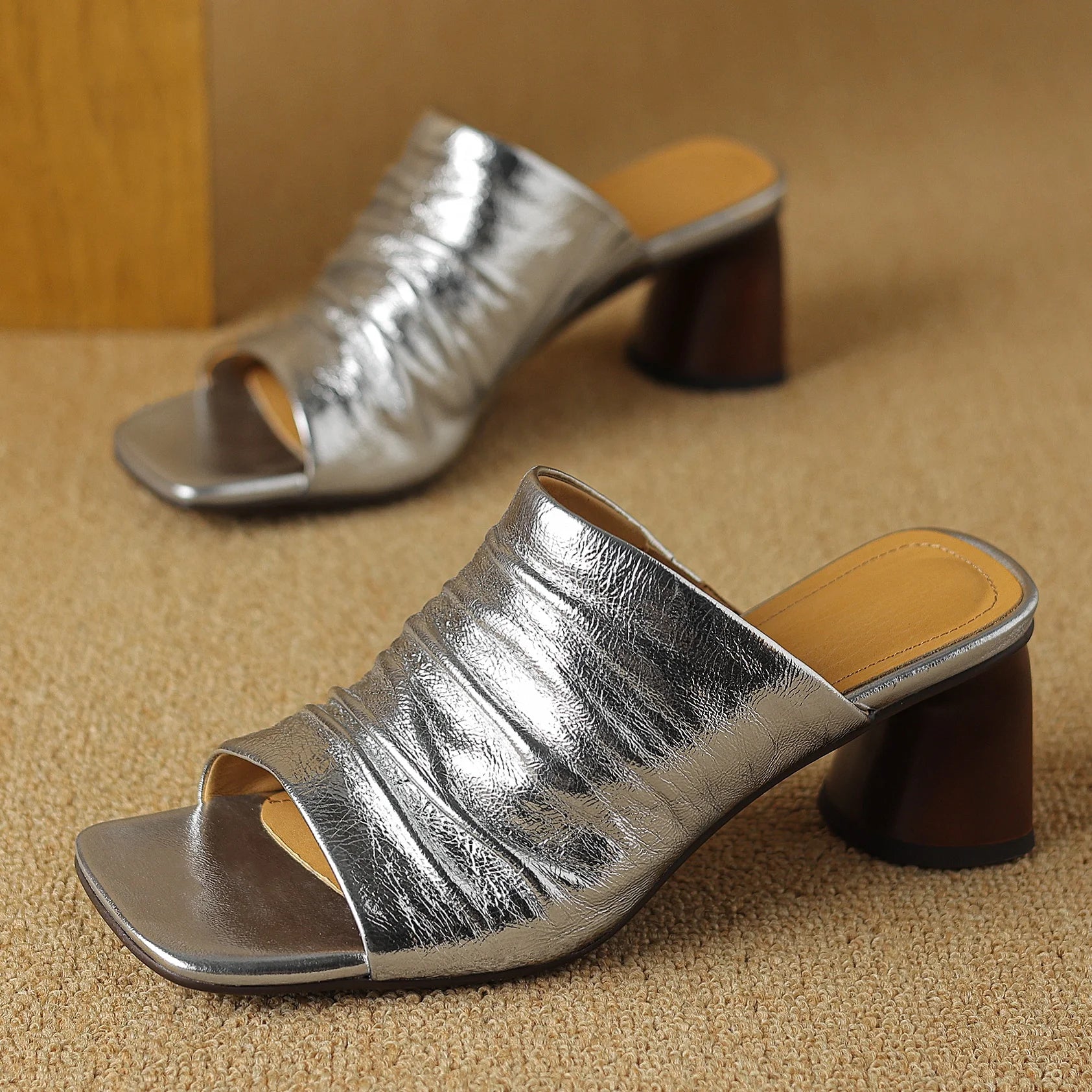 The Ruched Leather Block Heel Mule