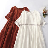 Women's Cotton Linen Midi Dress Boho Embroidery