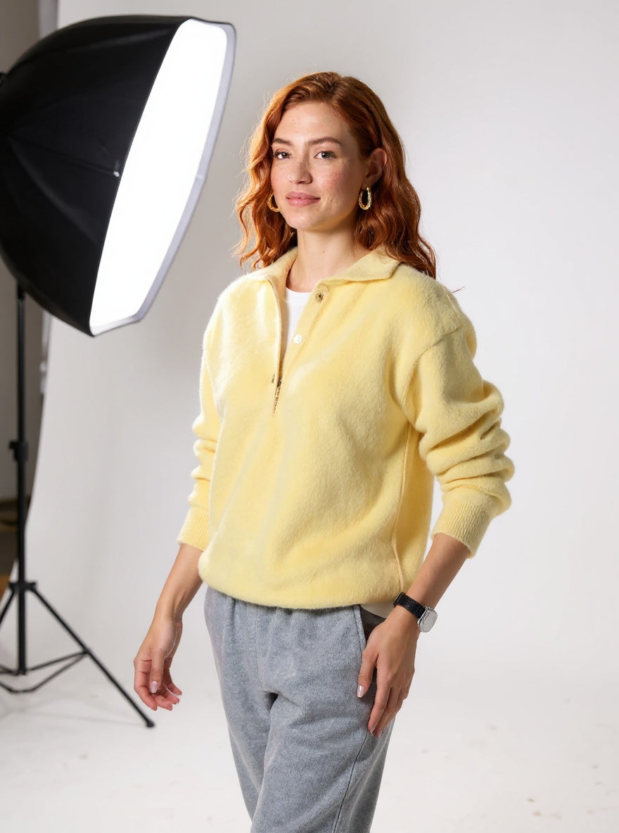Women's 100% Wool Knit Hoodie Sweater Casual — Yellow, studio product shot