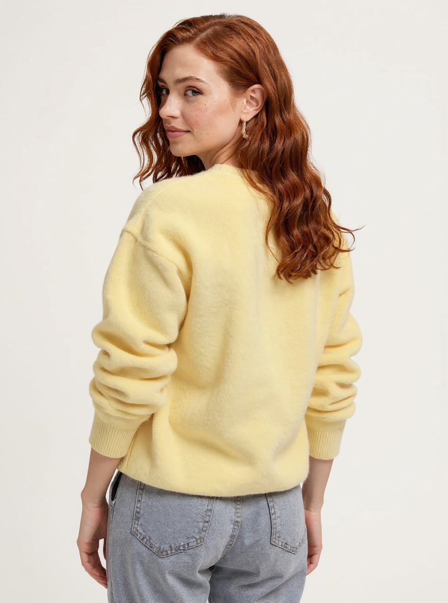 Women's 100% Wool Knit Hoodie Sweater Casual — Yellow, studio product shot