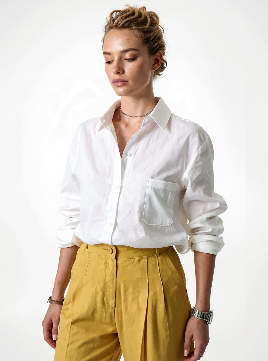 Women's Linen Oversized Shirt Shorts Set Beige — White, studio product shot