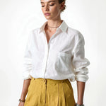 Women's Linen Oversized Shirt Shorts Set Beige — White, studio product shot
