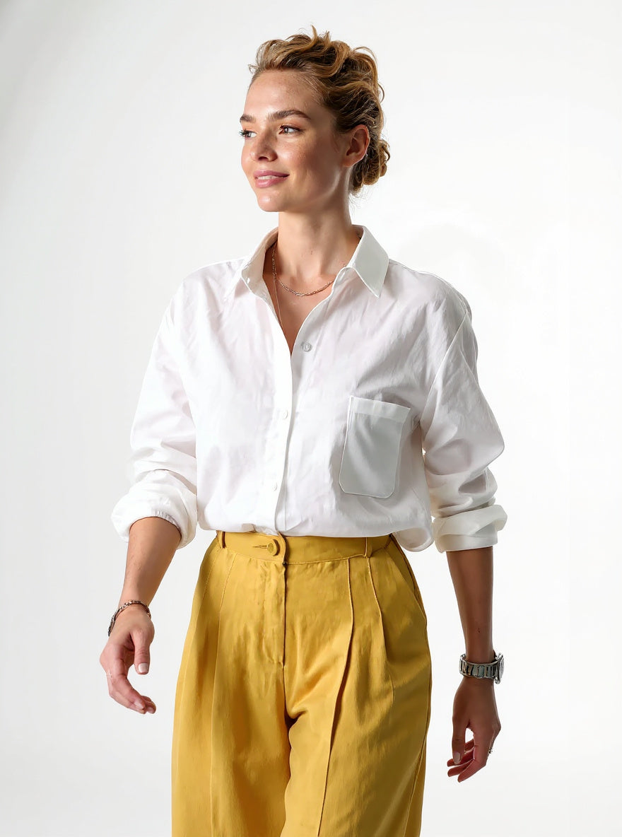 Women's Linen Oversized Shirt Shorts Set Beige — White, studio product shot