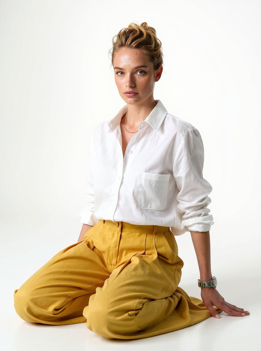 Women's Linen Oversized Shirt Shorts Set Beige — White, studio product shot