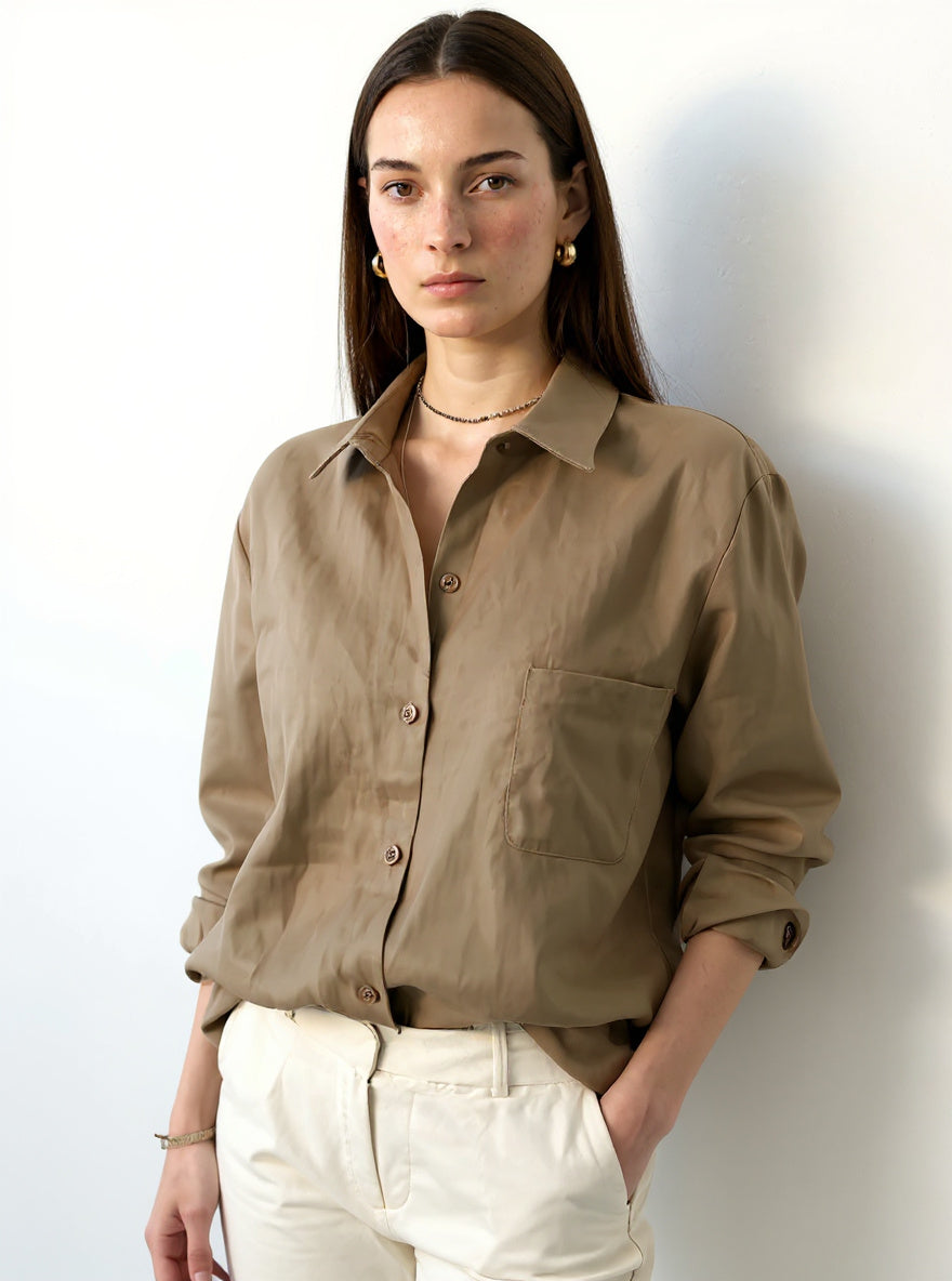 Women's Linen Oversized Shirt Shorts Set Beige — Camel, studio product shot