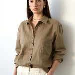 Women's Linen Oversized Shirt Shorts Set Beige — Camel, studio product shot