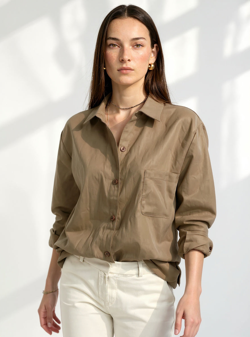 Women's Linen Oversized Shirt Shorts Set Beige — Camel, studio product shot