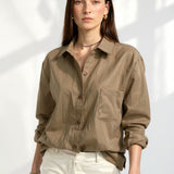 Women's Linen Oversized Shirt Shorts Set Beige — Camel, studio product shot