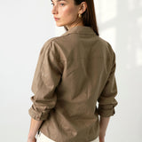 Women's Linen Oversized Shirt Shorts Set Beige — Camel, studio product shot