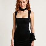 Women's Square Neck Mini Dress – Sleeveless Print — Black, studio product shot