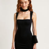 Women's Square Neck Mini Dress – Sleeveless Print — Black, studio product shot