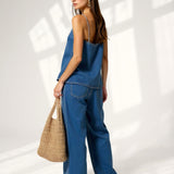 Women's Denim Vest and Straight Leg Pants Set — Navy, studio product shot