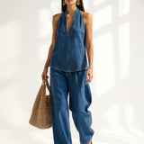 Women's Denim Vest and Straight Leg Pants Set — Navy, studio product shot
