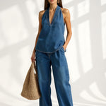 Women's Denim Vest and Straight Leg Pants Set — Navy, studio product shot
