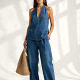 Women's Denim Vest and Straight Leg Pants Set — Navy, studio product shot