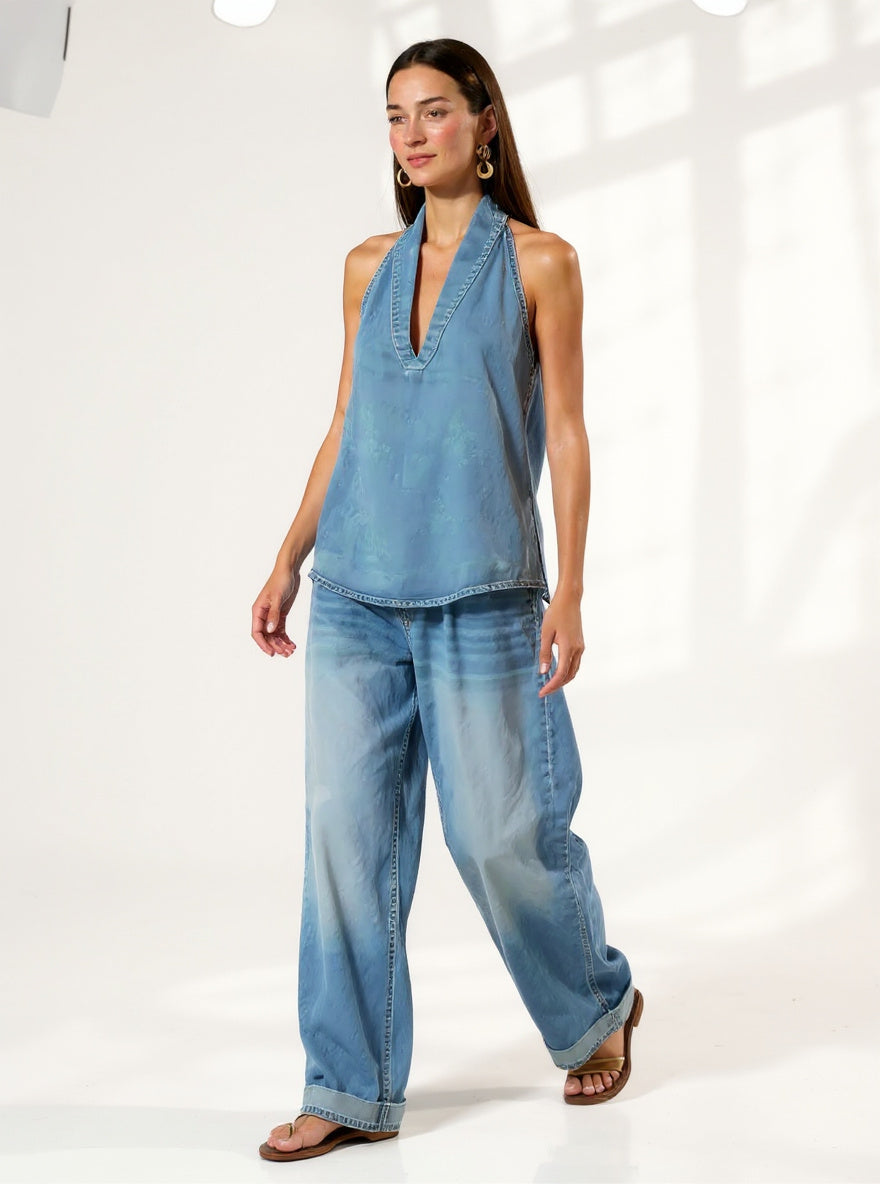 Women's Denim Vest and Straight Leg Pants Set — Blue, studio product shot