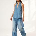 Women's Denim Vest and Straight Leg Pants Set — Blue, studio product shot