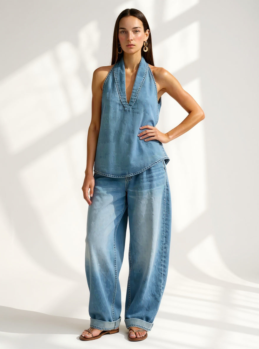 Women's Denim Vest and Straight Leg Pants Set — Blue, studio product shot