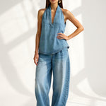 Women's Denim Vest and Straight Leg Pants Set — Blue, studio product shot