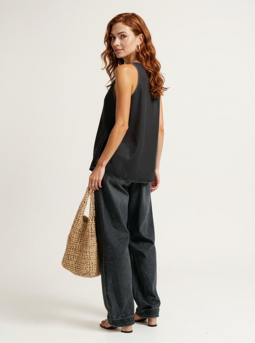 Women's Denim Vest and Straight Leg Pants Set — Black, studio product shot