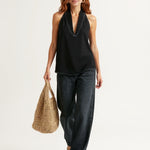 Women's Denim Vest and Straight Leg Pants Set — Black, studio product shot