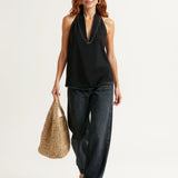 Women's Denim Vest and Straight Leg Pants Set — Black, studio product shot