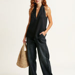 Women's Denim Vest and Straight Leg Pants Set — Black, studio product shot