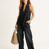 Women's Denim Vest and Straight Leg Pants Set — Black, studio product shot