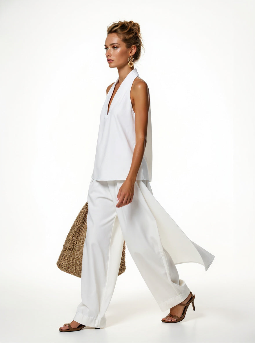 Women's Denim Vest and Straight Leg Pants Set — White, studio product shot