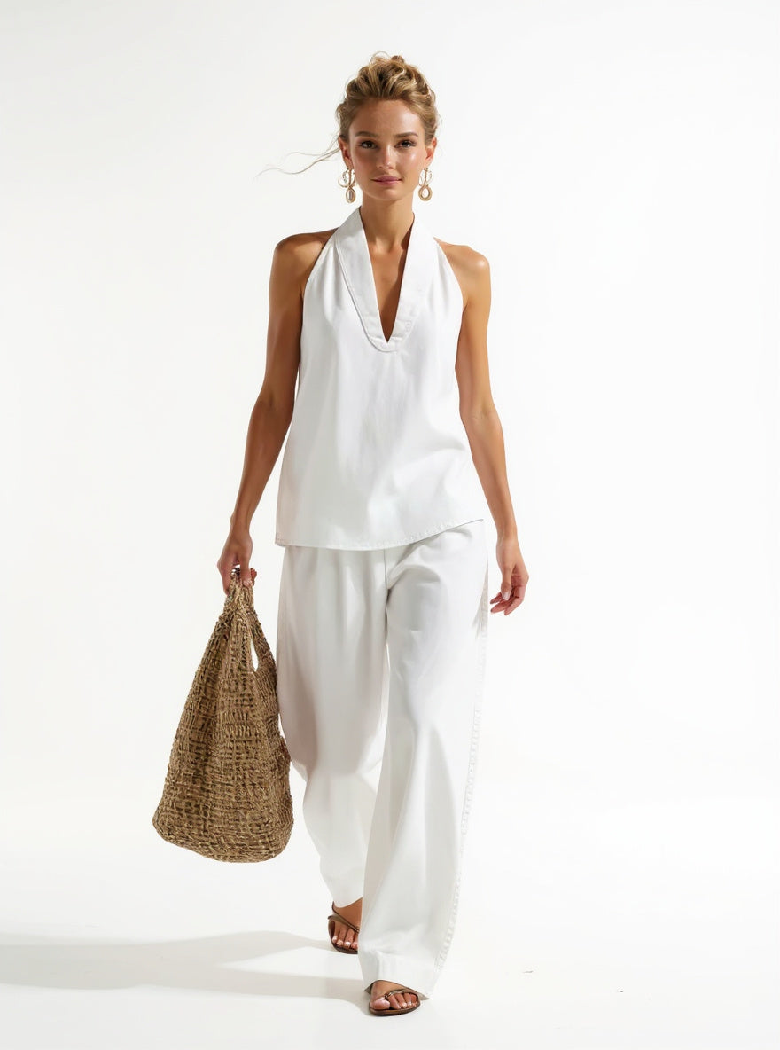 Women's Denim Vest and Straight Leg Pants Set — White, studio product shot