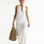 Women's Denim Vest and Straight Leg Pants Set — White, studio product shot