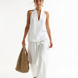 Women's Denim Vest and Straight Leg Pants Set — White, studio product shot