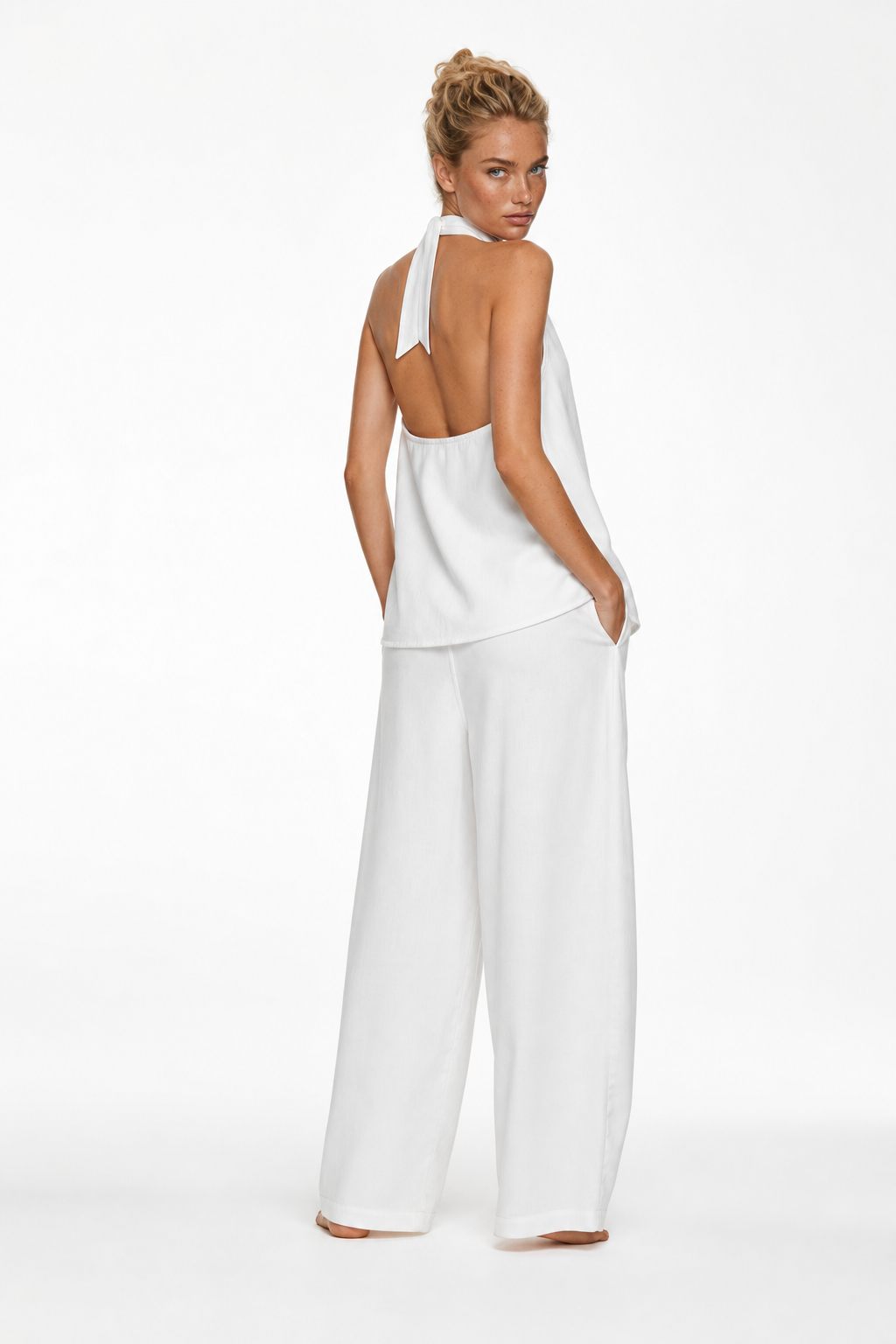 Women's Denim Vest and Straight Leg Pants Set — White, studio product shot
