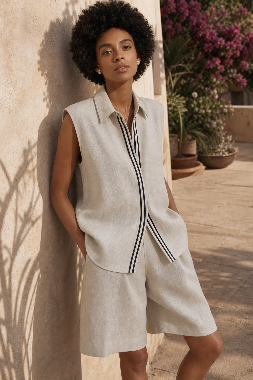 Women's Linen Two Piece Set Sleeveless Summer — Gray, terrace product shot
