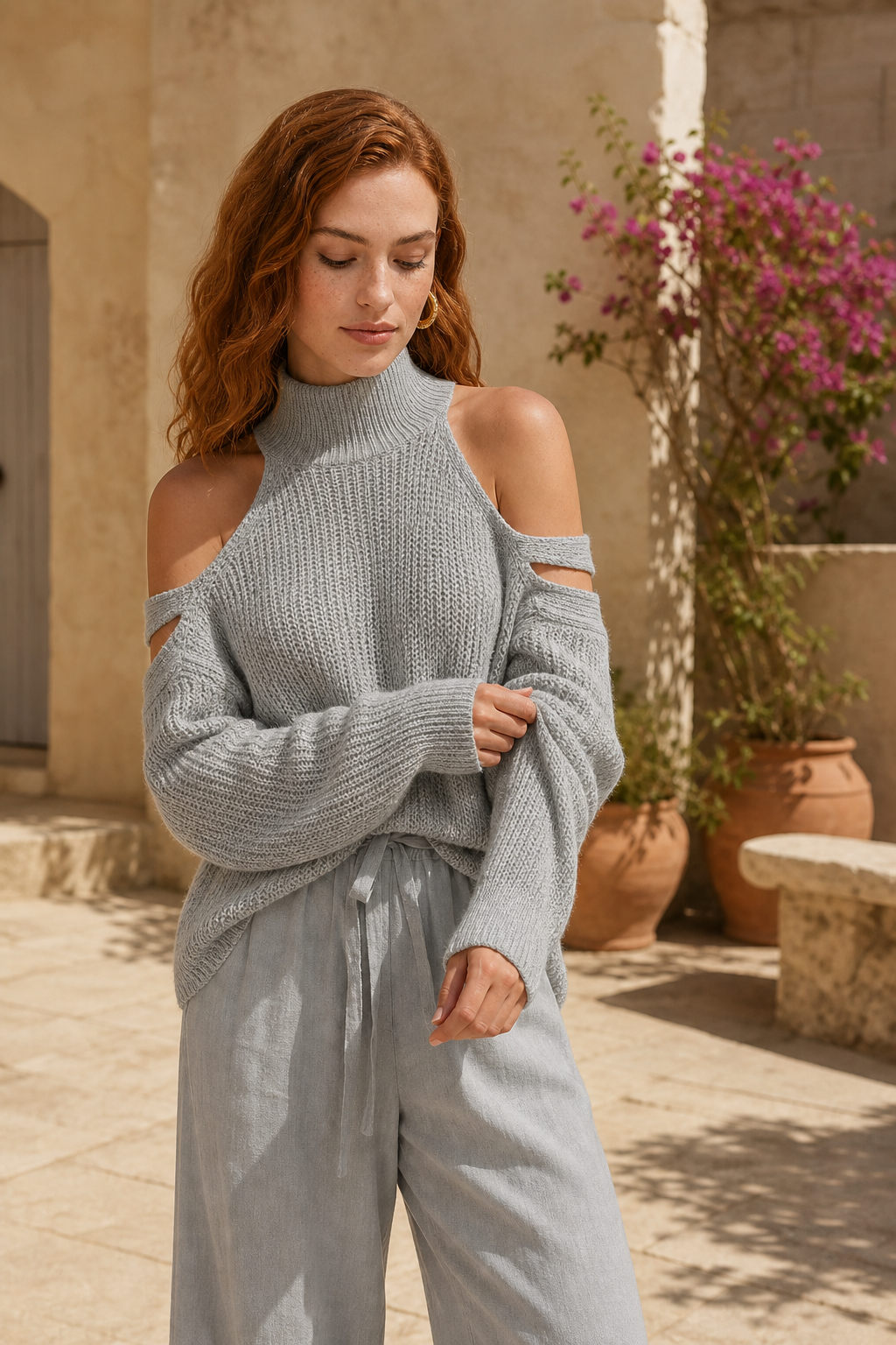 Women's Knit Sweater Wide Leg Pants Set — Gray, terrace product shot