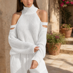 Women's Knit Sweater Wide Leg Pants Set — White, terrace product shot