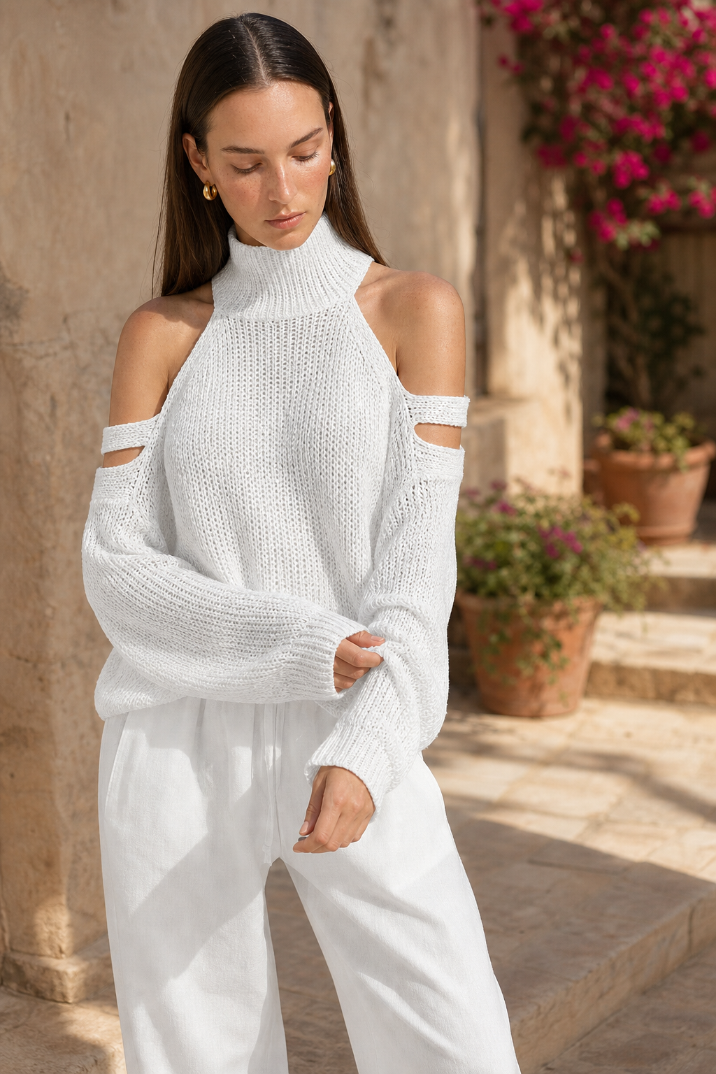 Women's Knit Sweater Wide Leg Pants Set — White, terrace product shot