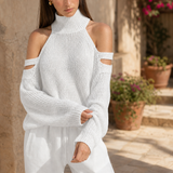 Women's Knit Sweater Wide Leg Pants Set — White, terrace product shot