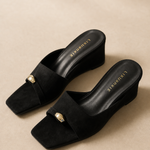 Women's Wedge Sandals Square Toe High Heel Summer — Black, banana_republic product shot