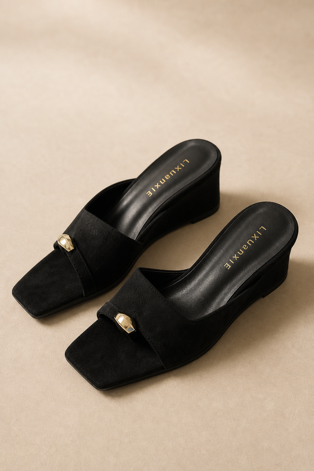 Women's Wedge Sandals Square Toe High Heel Summer — Black, banana_republic product shot