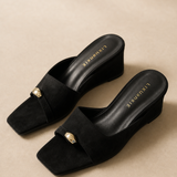 Women's Wedge Sandals Square Toe High Heel Summer — Black, banana_republic product shot