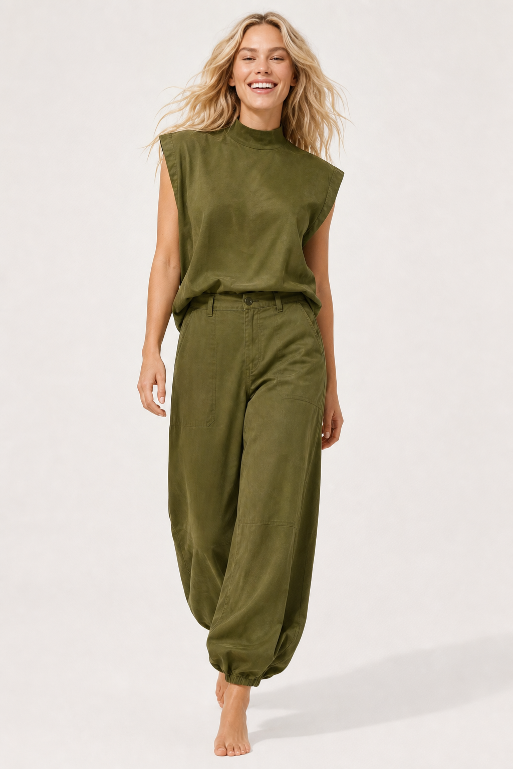 Women's Two Piece Set Sleeveless Top Wide Leg Pants — Green, jcrew product shot