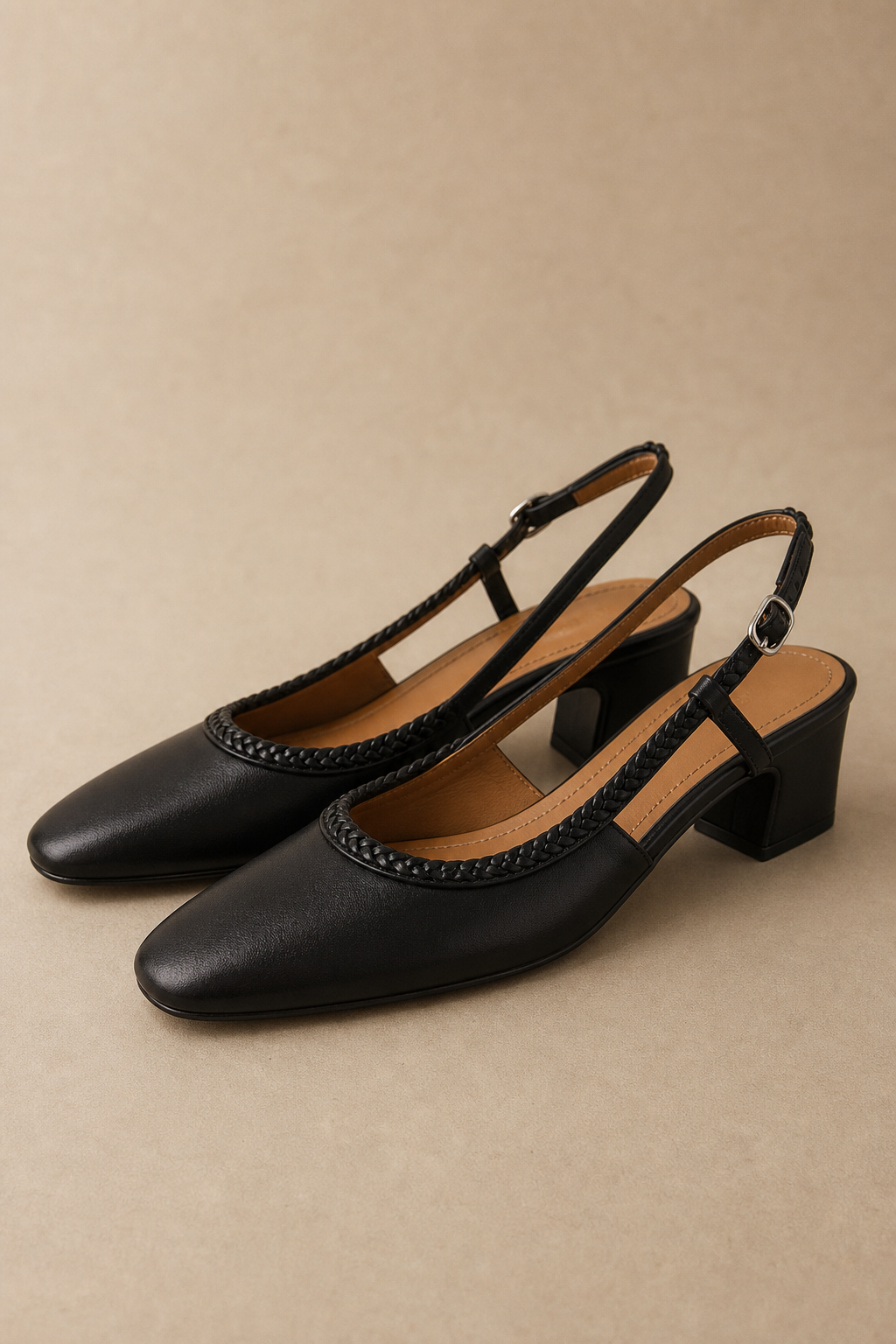 Women's Leather Slingback Heeled Sandals Round Toe — Black, banana_republic product shot