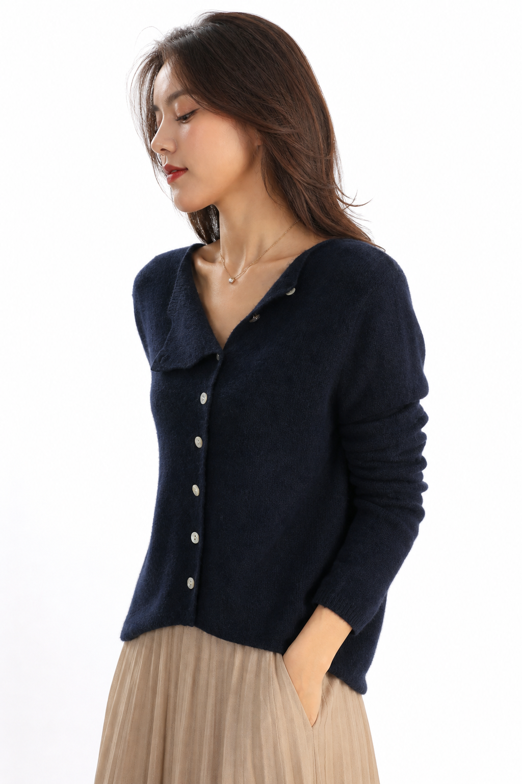 Amélise Asymmetric Button Sweater — Navy, studio product shot