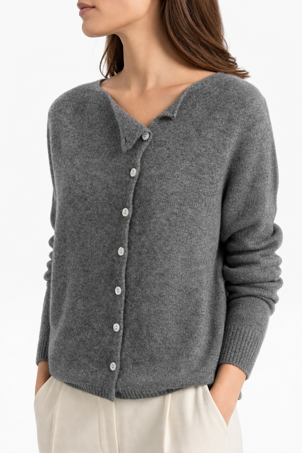 Amélise Asymmetric Button Sweater — Gray, studio product shot