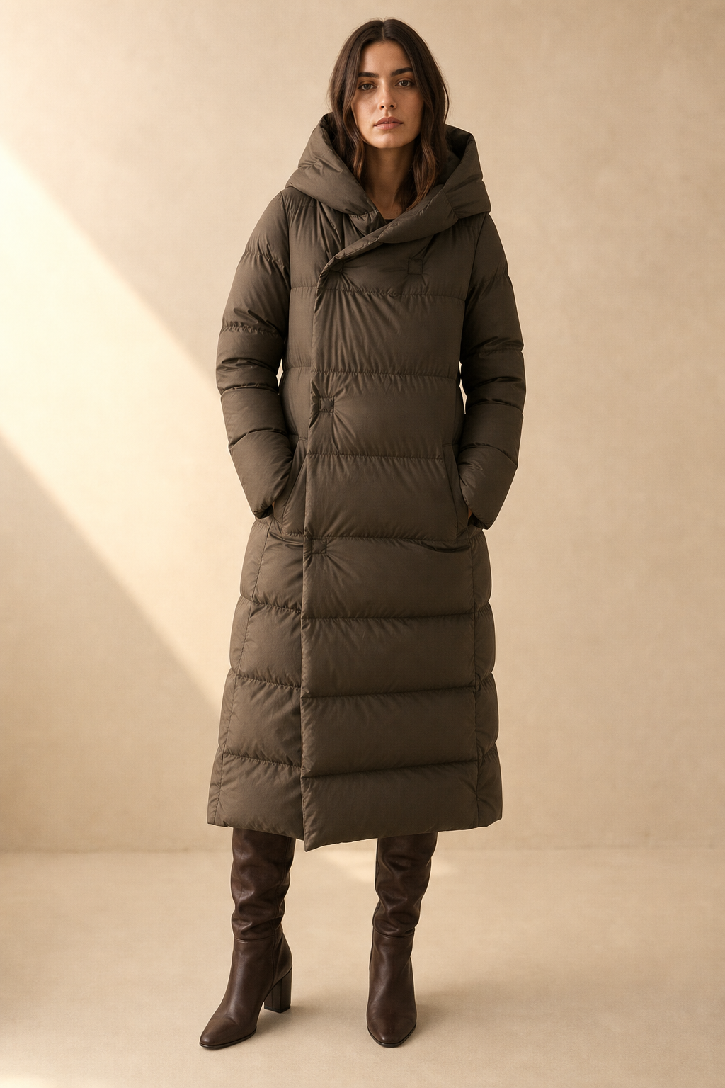 Margaux Long Down Parka — Coffee, studio product shot