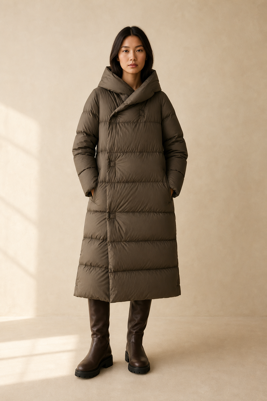 Margaux Long Down Parka — Coffee, studio product shot
