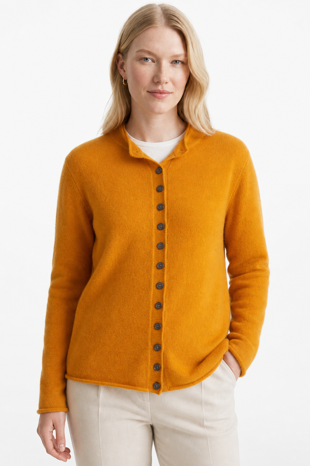 Legacy Wool Cardigan — Orange, studio product shot